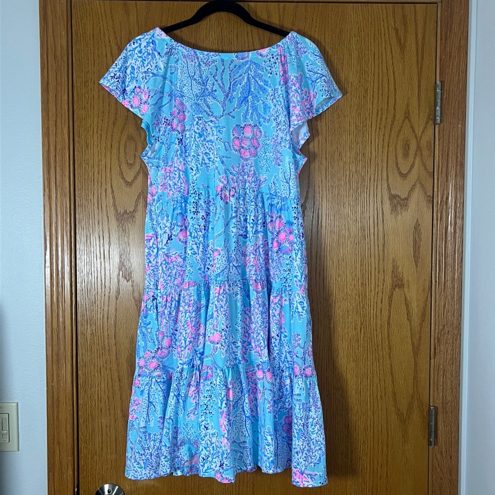 Lilly Pulitzer Women Blue Pink Tiered Cotton Knit Coral Print Dress 010158 M - Picture 2 of 8